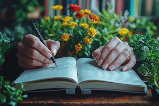 Hands sketching in a notebook surrounded by flowers. photo