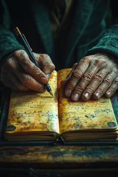 Aged hands write in a worn journal. photo