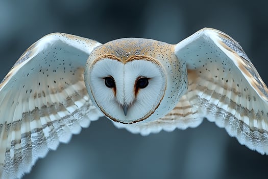 Majestic Barn Owl in Flight Against Soft Blue Background Nature, Wildlife, Photography photo