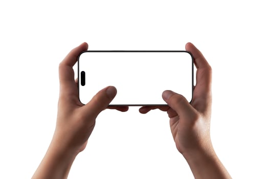 Horizontal smartphone held with both hands, blank screen mockup great for , game UI previews, or landscape app presentations photo