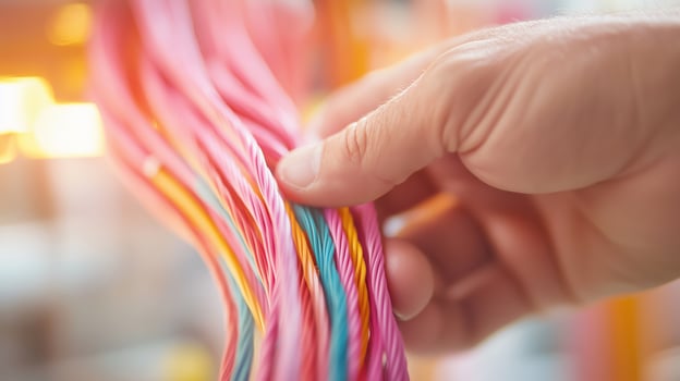 Colorful cables being handled in a workshop during daylight hours photo