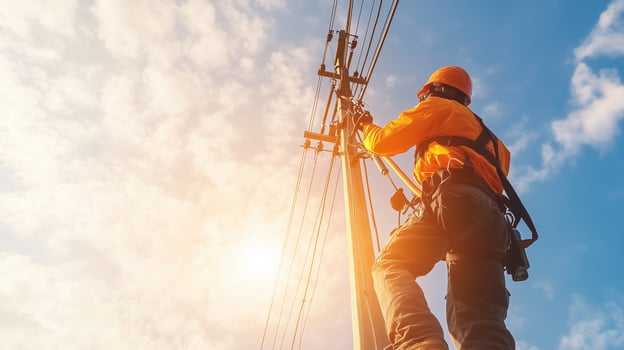 Utility worker repairs power lines against a backdrop of a bright blue sky during late afternoon photo