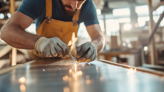 Craftsman working on metal fabrication in a bright workshop during the day photo