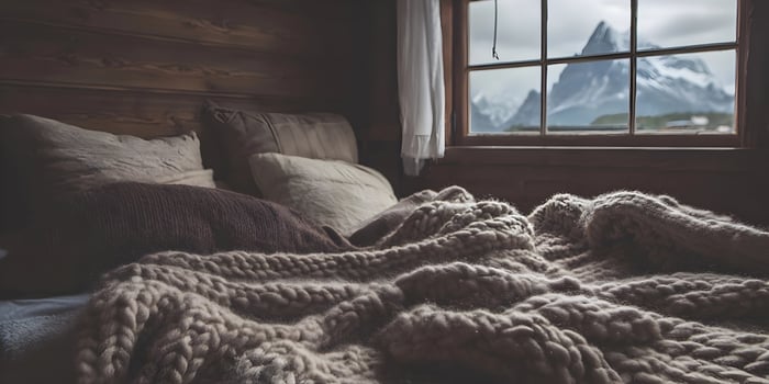 Cozy Knit Blanket on Bed Mountain View Bedroom Interior photo