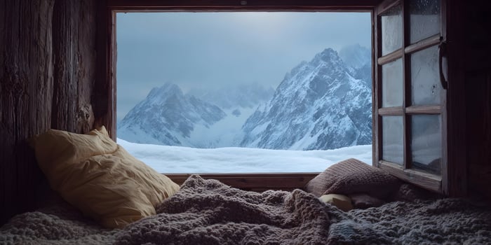 Cozy Cabin Winter Mountain View Snow Landscape photo