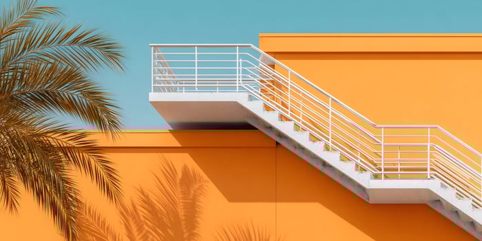 Orange Building Exterior White Staircase Palm Tree Shadow Summer photo