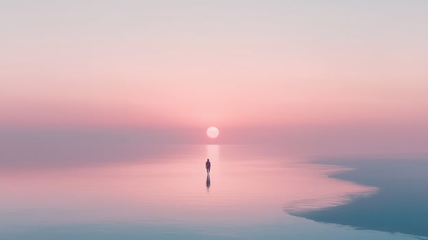 Calm sunset at the ocean with a solitary figure walking along the shore in soft hues of pink and orange during twilight photo