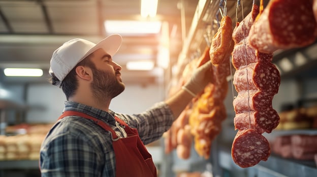 Butcher arranging cured meats in a local market in the afternoon photo
