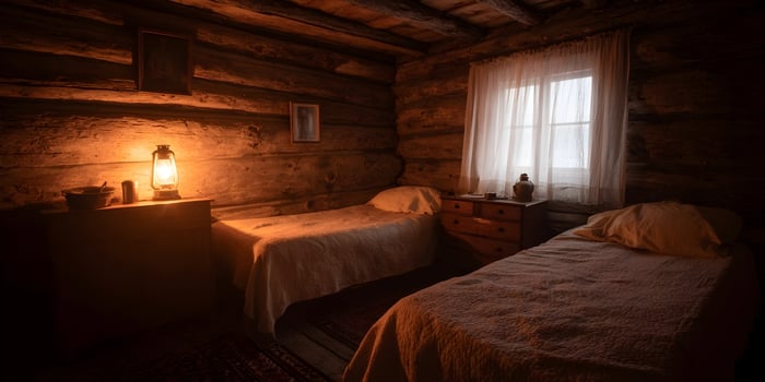 Rustic Log Cabin Bedroom Interior Two Beds Night Lamp photo