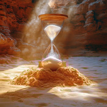 Captivating hourglass stands in a serene desert cavern surrounded by golden sands photo