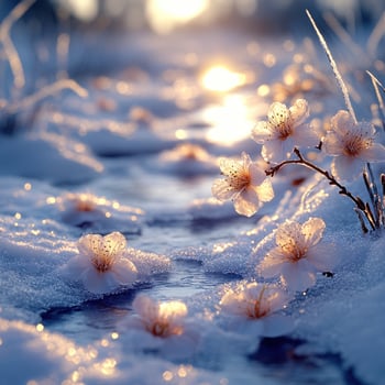 Delicate blossoms emerge from snow under the soft glow of dawn photo