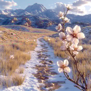 Blossoming beauty amidst snow capped peaks in a tranquil mountain landscape photo