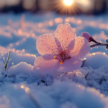 Winter blossom emerges from snow as sunlight kisses the delicate petals photo