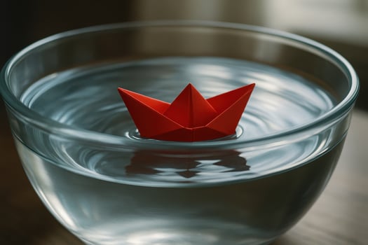 Bright red paper boat floating in clear glass bowl with rippling water photo