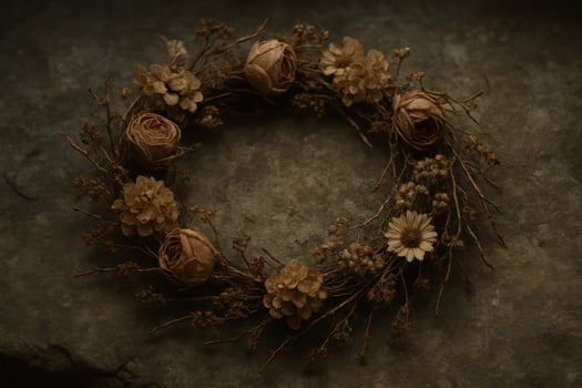 Rustic dried flower and twig wreath on weathered stone surface, natural autumn decoration photo