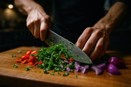 Dynamic close up of hands rapidly chopping fresh herbs and colorful vegetables photo