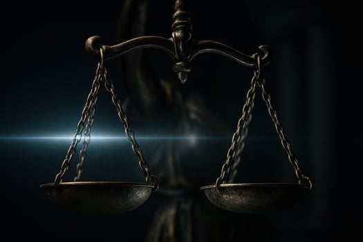 Symbolic scales of justice perfectly balanced with bright light beam photo