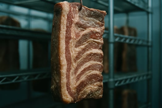 Close up of cured pork belly hanging on a hook in a refrigerated meat aging room photo