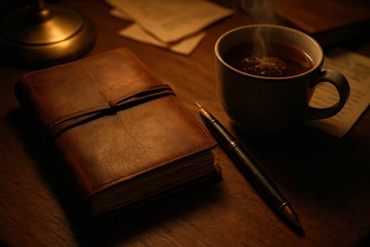 Cozy vintage desk scene with leather journal, fountain pen, and steaming tea photo