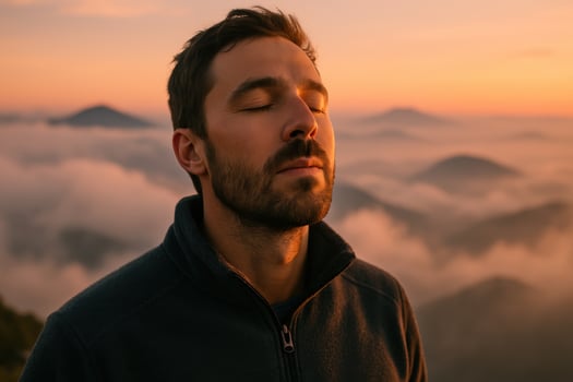 Peaceful man meditating on mountain peak at golden sunrise over clouds photo