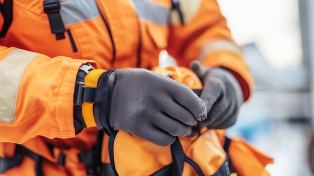 Workers in orange safety gear prepare equipment at a construction site during daylight hours in a chilly environment photo