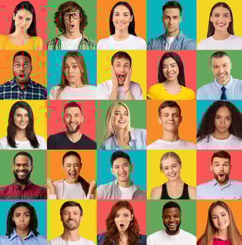 Creative composite collage of different human facial expressions and emotions of young diverse people. Mosaic set of many positive and negative female and male feelings. Banner on colorful background photo
