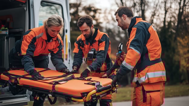 Emergency medical team transporting patient stretcher during outdoor operation in evening light photo