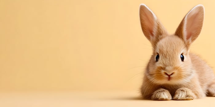 Cute Brown Bunny Rabbit Sitting on Yellow Background Easter Animal photo