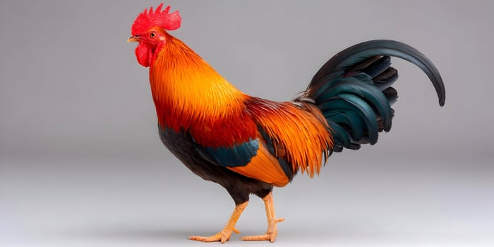 Rooster with Orange and Teal Feathers Standing on Gray Background photo