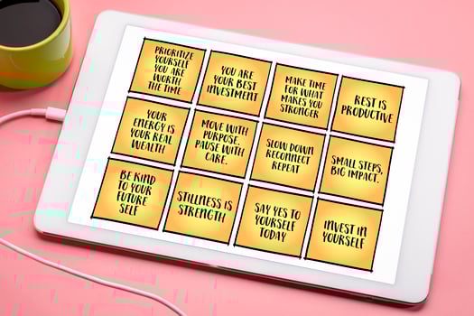 Invest time in yourself - a set of inspirational reminder notes with tips and guidelines on a digital tablet. photo