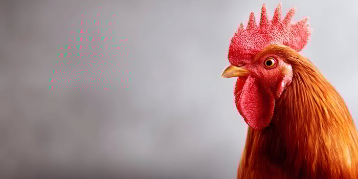 Closeup Rooster Portrait Red Feathers Gray Background photo