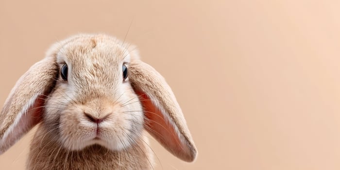 Cute Light Brown Lop Eared Rabbit Closeup Portrait Beige Background photo