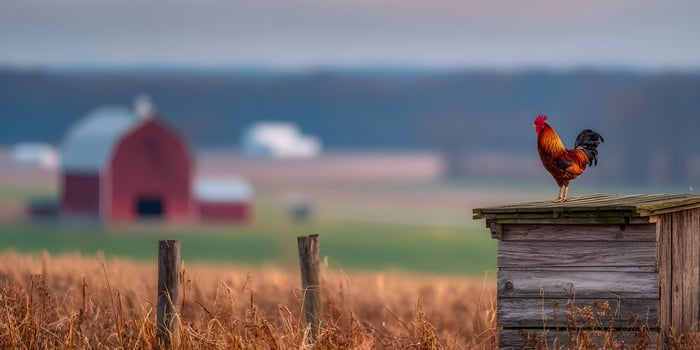 Rooster on Wooden Coop Rural Farm Scene Red Barn Background photo