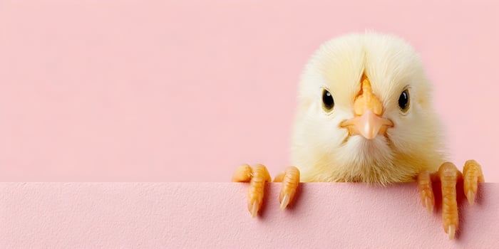 Cute Baby Chick Peeking Over Pink Background photo