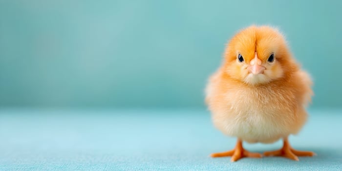 Cute Fluffy Baby Chick on Blue Background Small Animal Easter Spring photo