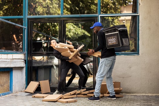 Reckless black courier losing control of a huge pizza boxes stack while approaching the customer doorstep. Pile crashes to the ground, creating a food waste order misfortune, bad service. photo