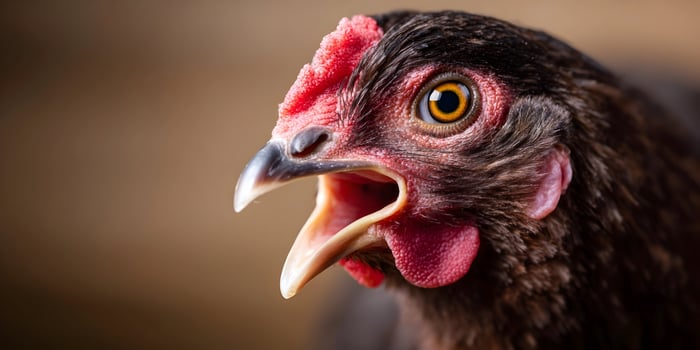 Closeup of a Brown Hen Crowing Open Mouth Red Comb Feathers photo