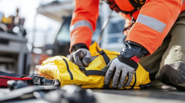 Safety equipment being prepared on a worksite by a professional in bright orange gear during a sunny day photo