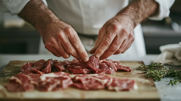 Chef prepares fresh beef slices while seasoning with herbs in a modern kitchen photo