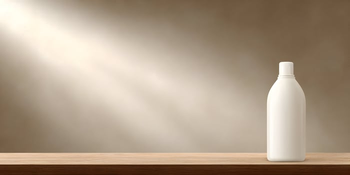 White Plastic Bottle on Wooden Shelf Beige Background Mockup photo