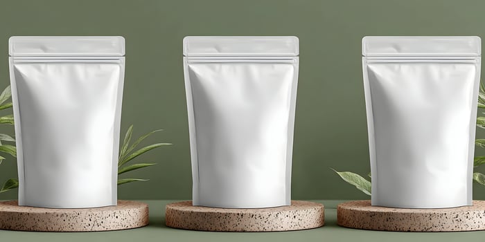Three White Stand Up Pouches Packaging Mockup on Green Background photo