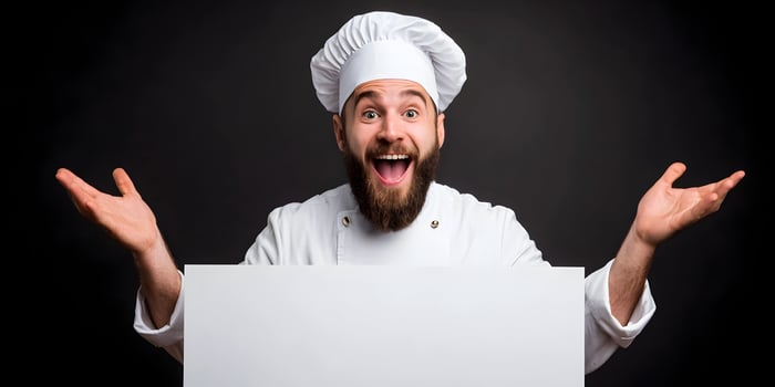 Excited Chef Holding Blank Sign Culinary Cook Restaurant Food photo