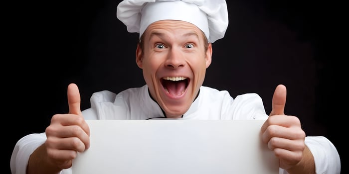 Happy Chef Showing Blank Sign Giving Thumbs Up photo