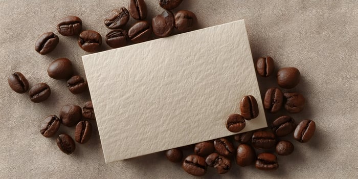 Beige Square Card Mockup Surrounded by Coffee Beans on Brown Fabric photo