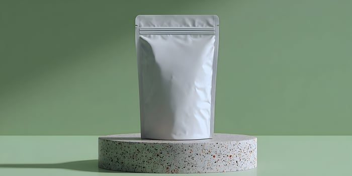 White Stand Up Pouch Mockup on Terrazzo Podium Green Background photo