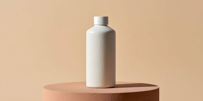 Beige Cream Bottle Mockup on Brown Round Pedestal Minimal Product Presentation photo