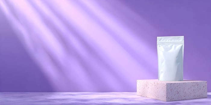 Blank White Stand Up Pouch on Pink Terrazzo Podium Purple Background Product Packaging Mockup photo
