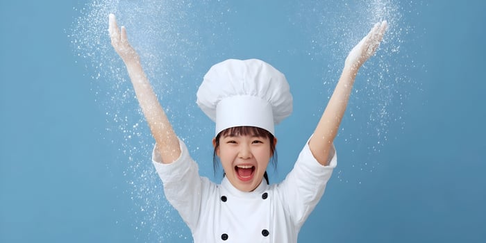 Happy Female Chef Throwing Flour Powder Up in Air Blue Background photo