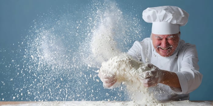 Happy Baker Throwing Flour in the Air Cooking Bread Dough Making photo