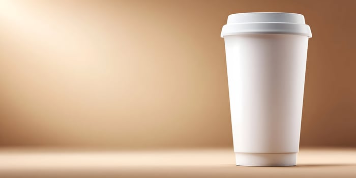 Tall White Disposable Coffee Cup with Lid on Beige Background photo